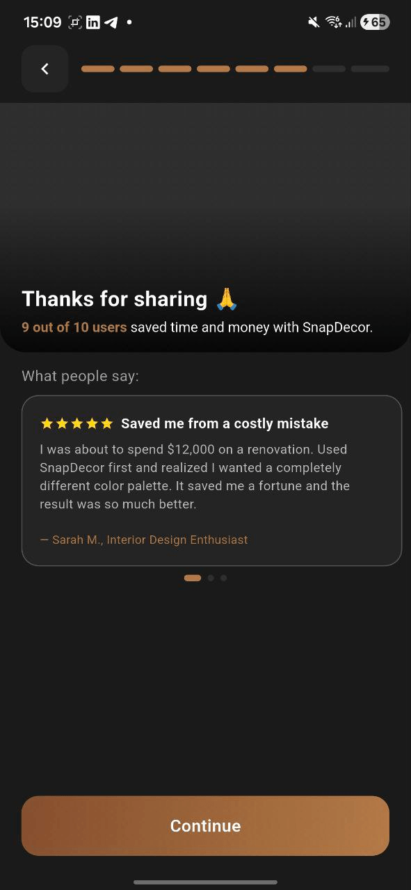 SnapDecor in-app social proof screen